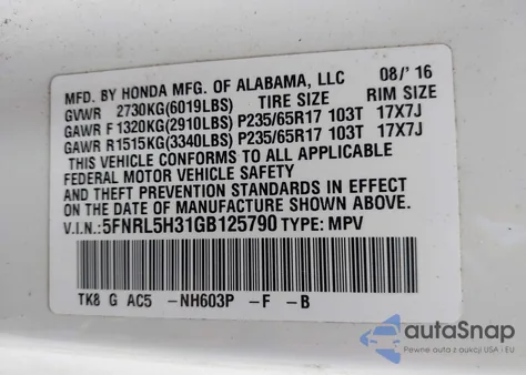 2016 Honda Odyssey Se z USA, uszkodzony, nr VIN 5FNRL5H31GB125790